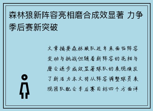 森林狼新阵容亮相磨合成效显著 力争季后赛新突破